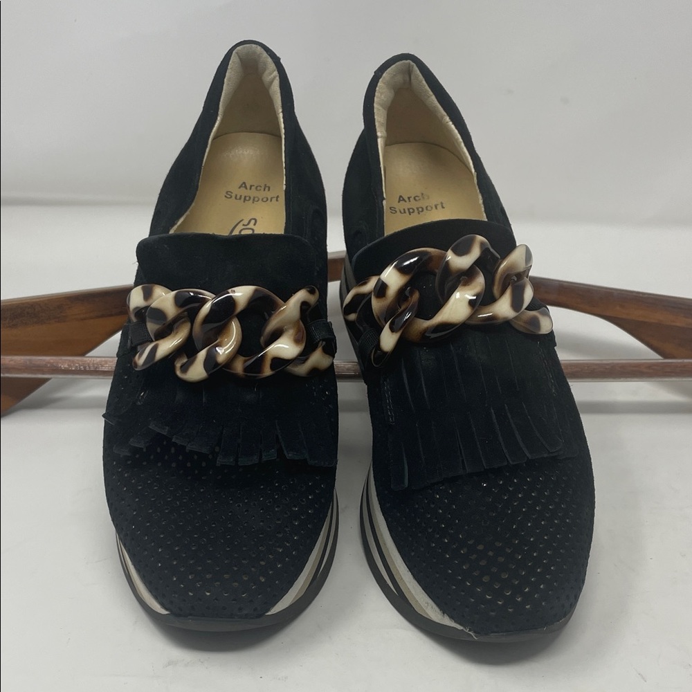Softwaves Black W/Tortoise Chain Detail Slip-On Platform Loafers EU Size 36